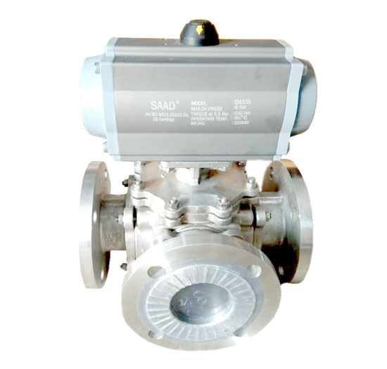 Pneumatic Actuator Operated Four Way Ball Valve Flange End